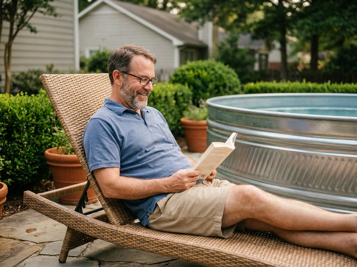 Homme d&eacute;tendu lisant au bord de la piscine en jardin