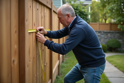 Homme mesurant une clôture en bois dans un jardin suburbain