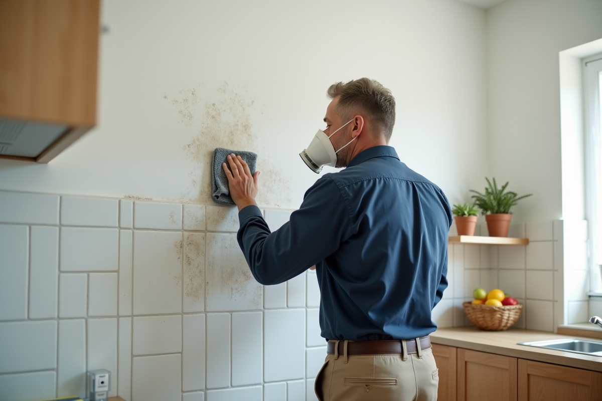 Homme nettoyant une moisissure dans la cuisine