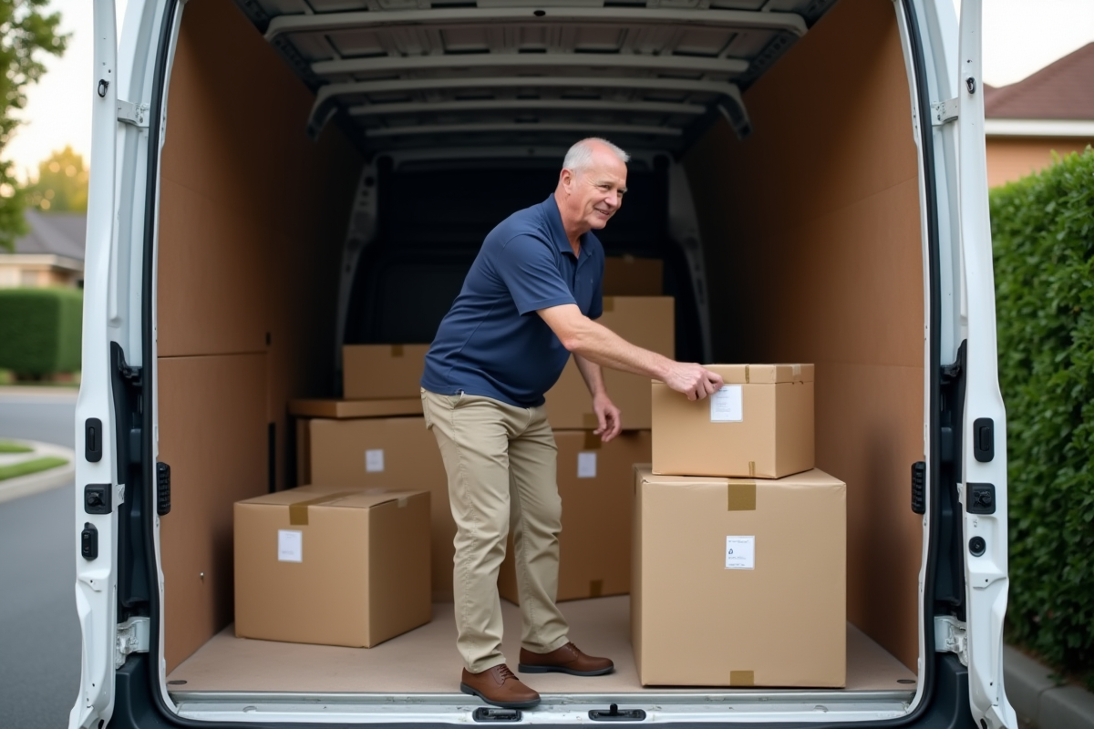 Homme organisant des cartons dans un camion de déménagement