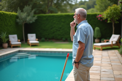 Homme d'âge moyen pensif près d'une piscine extérieure