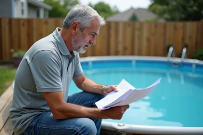Homme d'âge moyen examinant des papiers près de la piscine