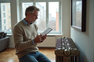 Homme examine radiateur en appartement moderne