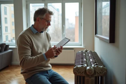 Homme examine radiateur en appartement moderne