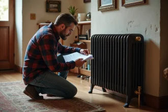 Homme d'âge moyen inspectant un radiateur en famille chaleureuse