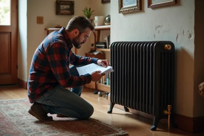 Homme d'âge moyen inspectant un radiateur en famille chaleureuse
