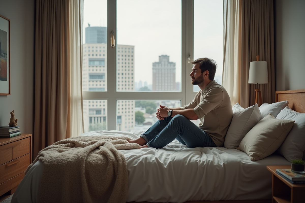 Homme assis au bord du lit regardant par la fenêtre