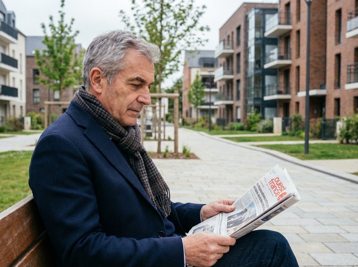 Retraite lisant journal devant appartement à Betton