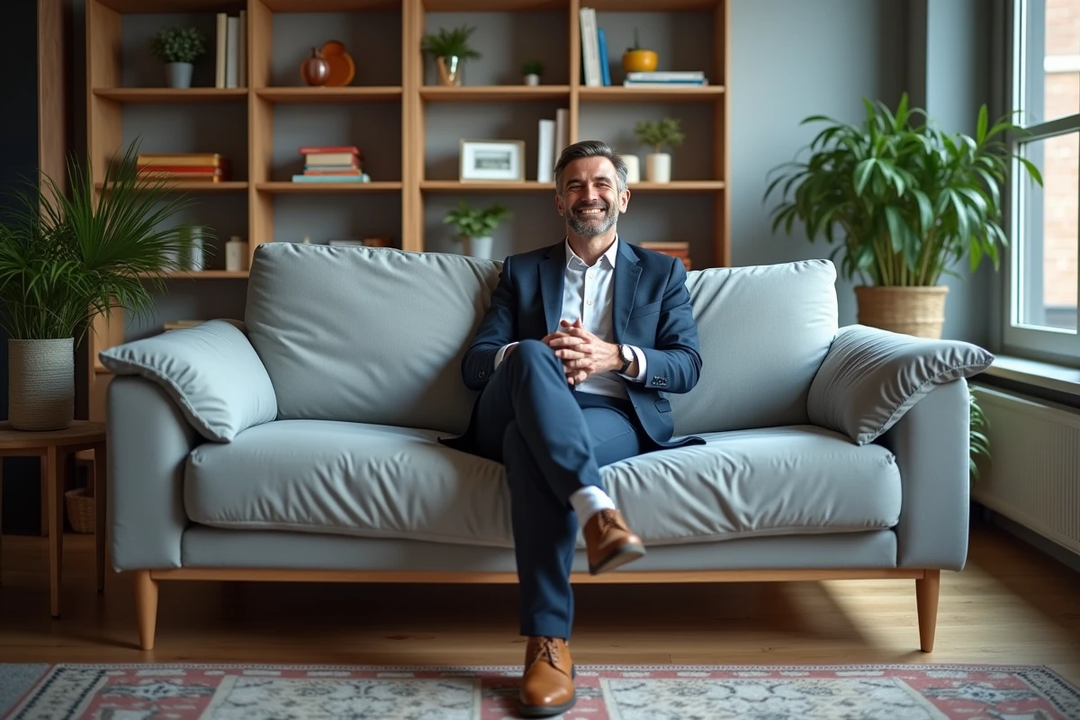 Homme d&eacute;tendu sur un canap&eacute; avec housse protectrice dans un appartement