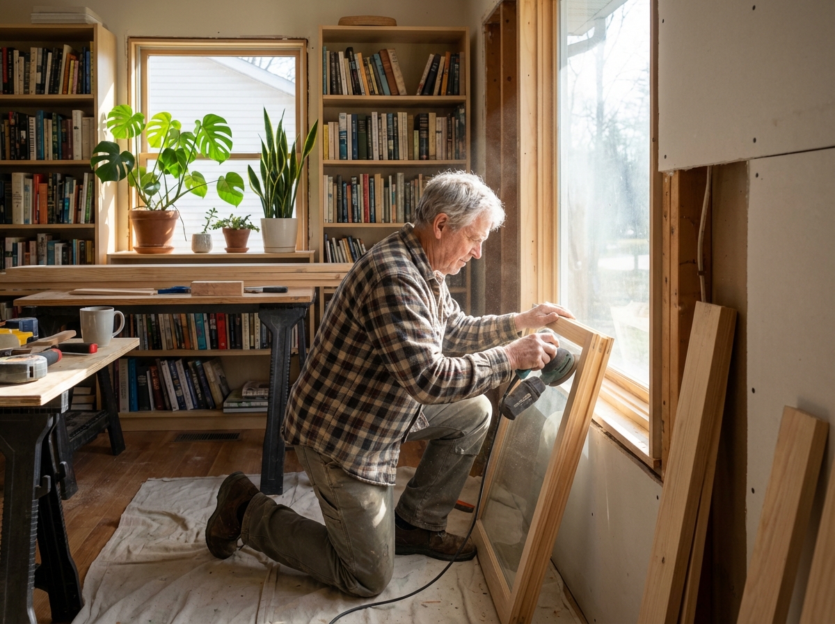 Homme âgé ponçant des cadres de fenêtre en bois