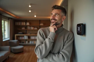 Homme d'âge moyen examine un thermostat moderne dans son salon
