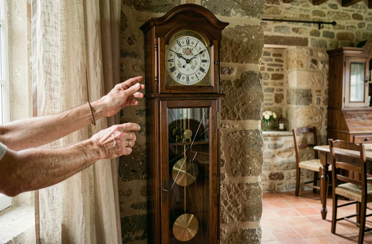Horloge comtoise ancienne à cadran émaillé floral dans une ferme rustique française, idéale pour petit budget