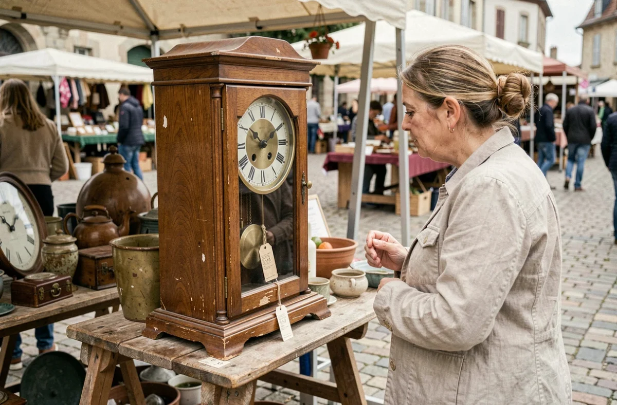 Horloge comtoise d'occasion exposée à un marché brocante en France avec étiquette de prix visible