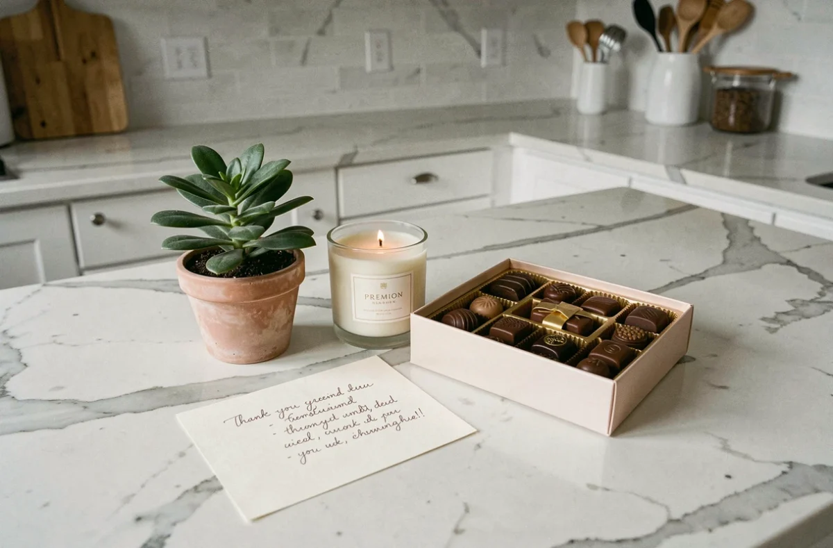 Idée cadeau pour femme de ménage avec bougie parfumée, chocolats et carte de remerciement sur un plan de travail en marbre