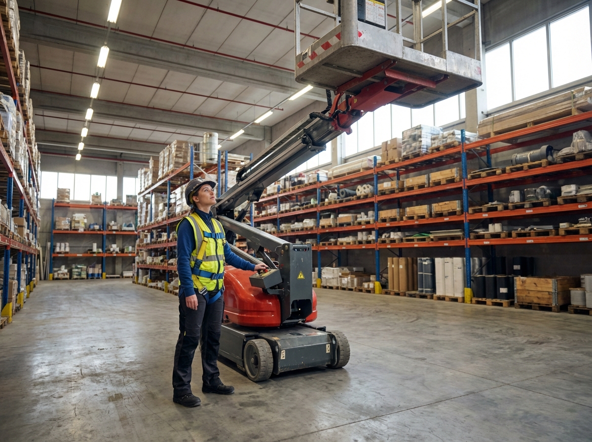 Ingenieure examinant une grue dans un entrepot