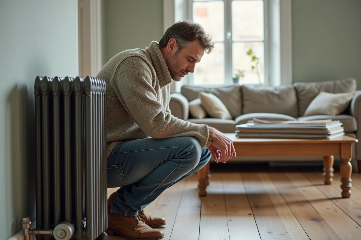 Homme moyenâgeux inspectant un radiateur en fonte dans un salon rénové