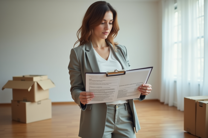 Femme vérifiant un document d inspection dans un appartement