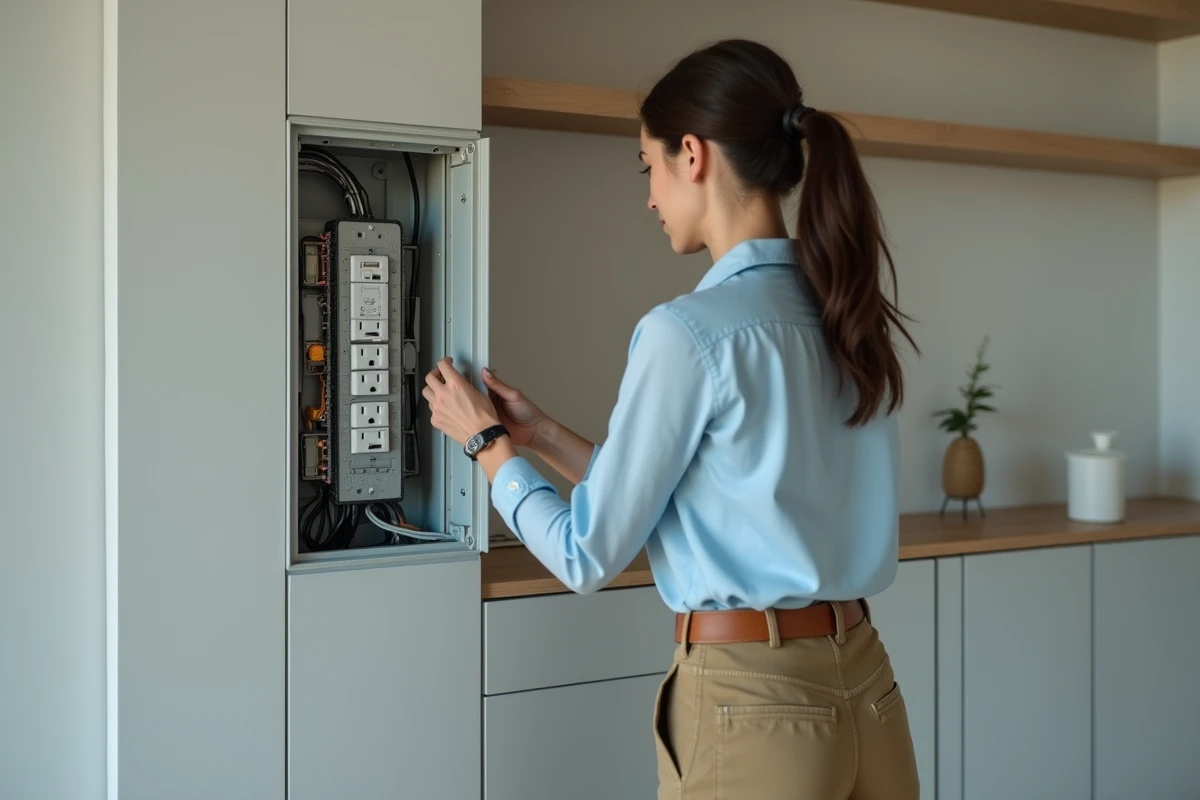 Jeune femme inspectant une prise électrique dans un appartement moderne