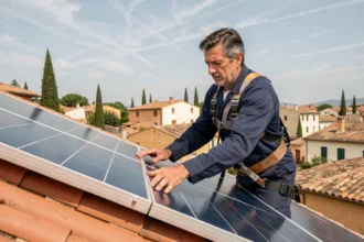 Installateur de panneaux solaires sur un toit en tuiles à Narbonne, vue large sur la ville méditerranéenne