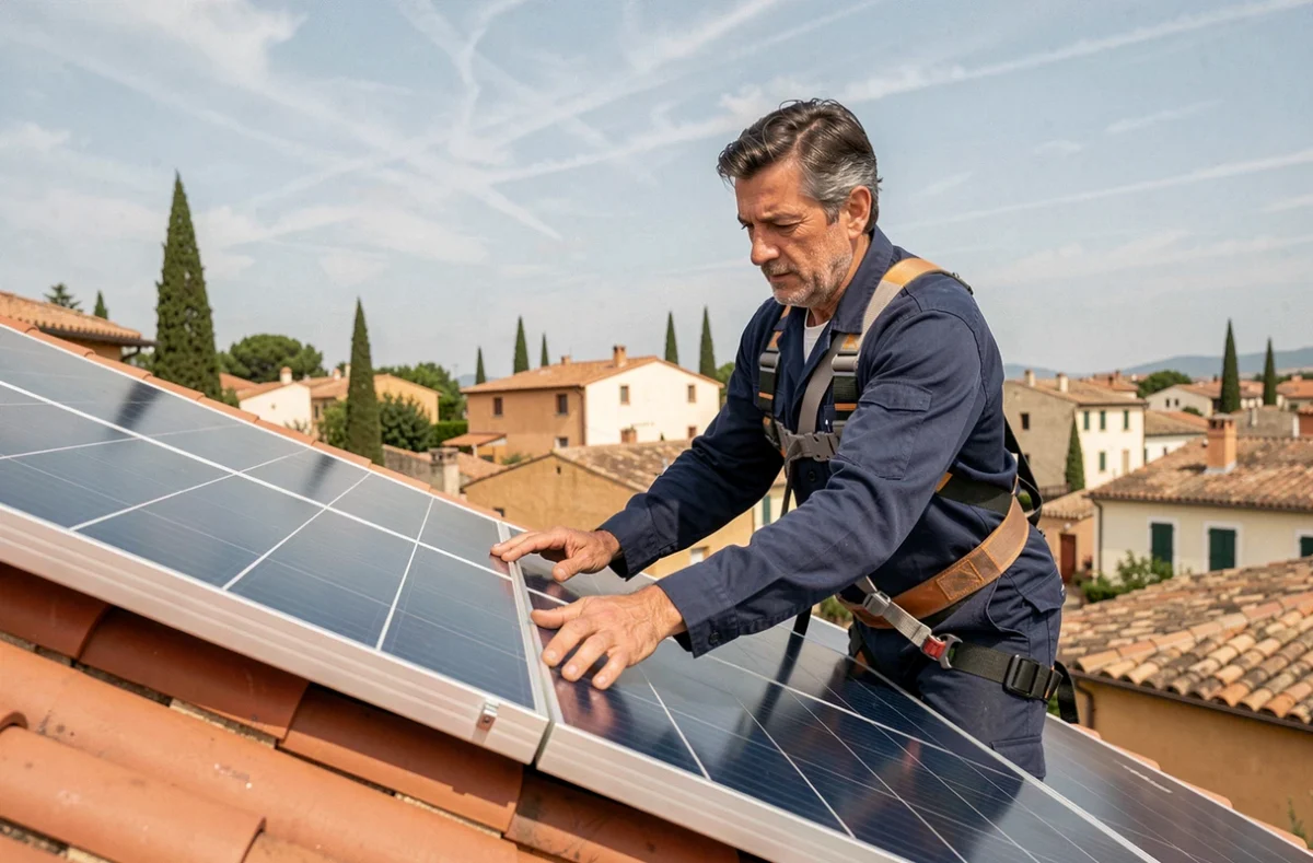 Installateur de panneaux solaires sur un toit en tuiles à Narbonne, vue large sur la ville méditerranéenne