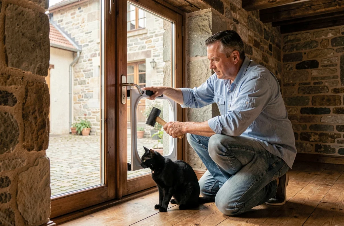 Homme installant une chatière amovible sur une grande porte-fenêtre dans une maison traditionnelle avec un chat noir observant la scène
