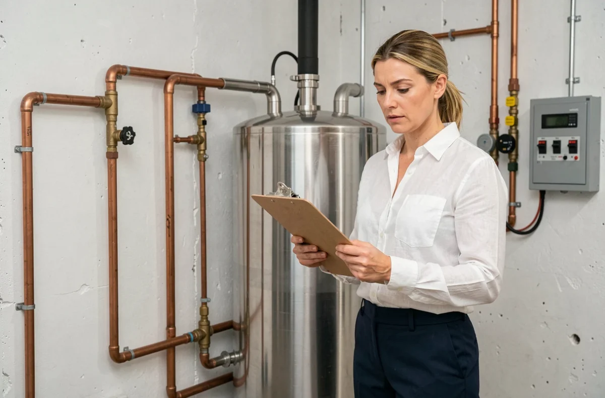 Consultante en énergie vérifiant l'installation intérieure d'une pompe à chaleur air eau dans une chaufferie