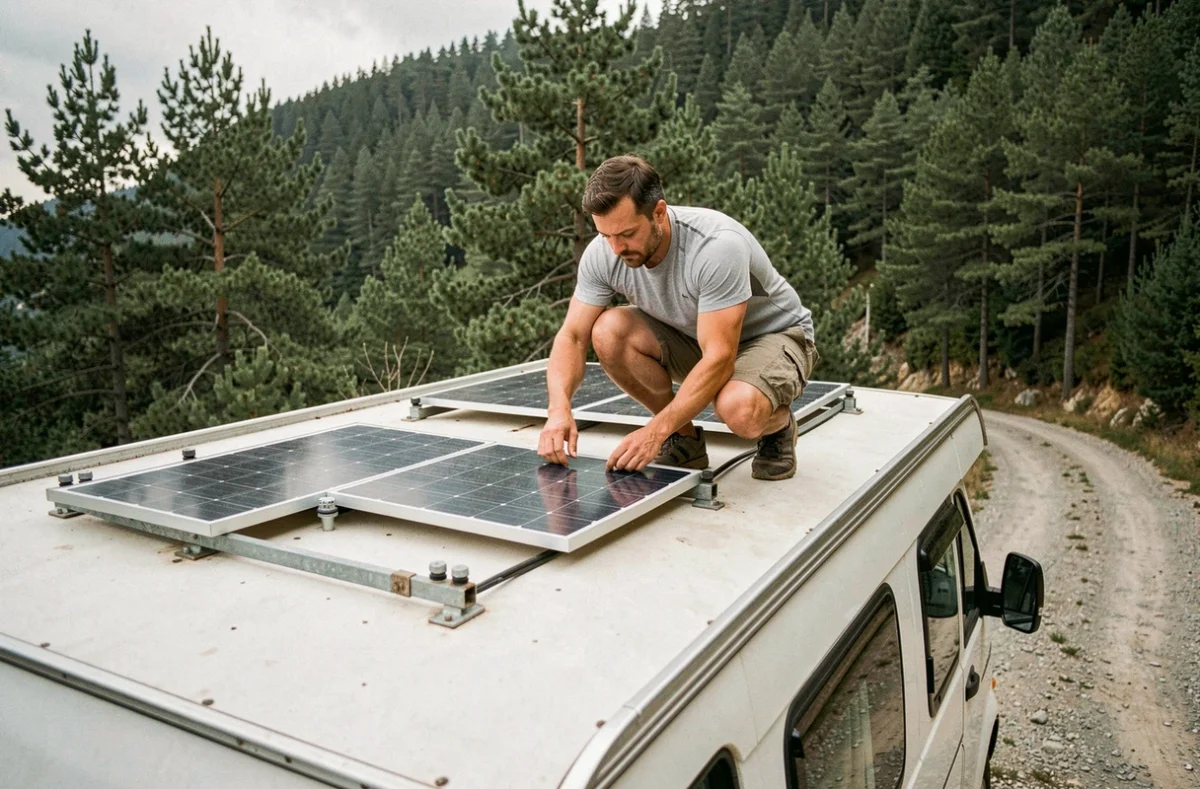 Homme installant un panneau solaire monocristallin sur le toit d'un fourgon aménagé blanc en forêt