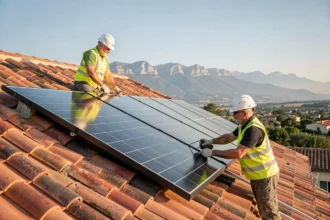 Installateurs professionnels posant des panneaux solaires sur un toit en tuiles à Perpignan avec les Pyrénées en arrière-plan