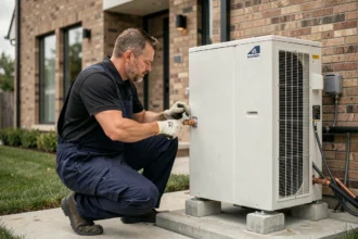 Technicien installant une pompe à chaleur air eau 16 kW à l'extérieur d'une maison individuelle