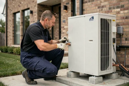 Technicien installant une pompe à chaleur air eau 16 kW à l'extérieur d'une maison individuelle