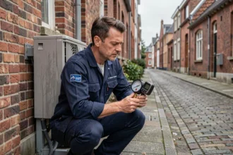 Technicien installant une pompe à chaleur sur la façade d'une maison en briques à Lille