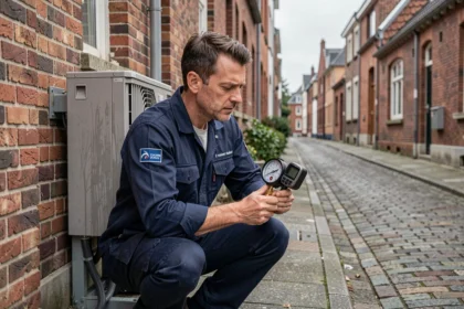 Technicien installant une pompe à chaleur sur la façade d'une maison en briques à Lille