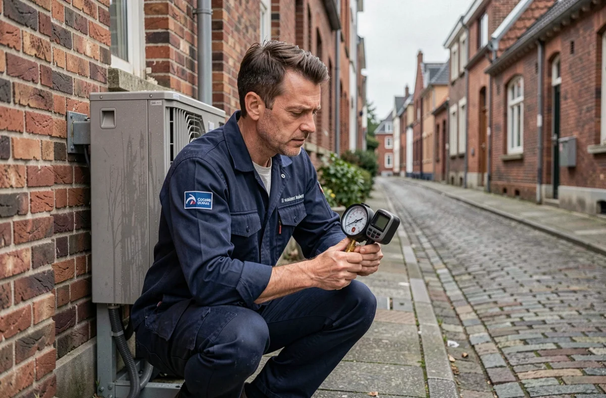 Technicien installant une pompe à chaleur sur la façade d'une maison en briques à Lille