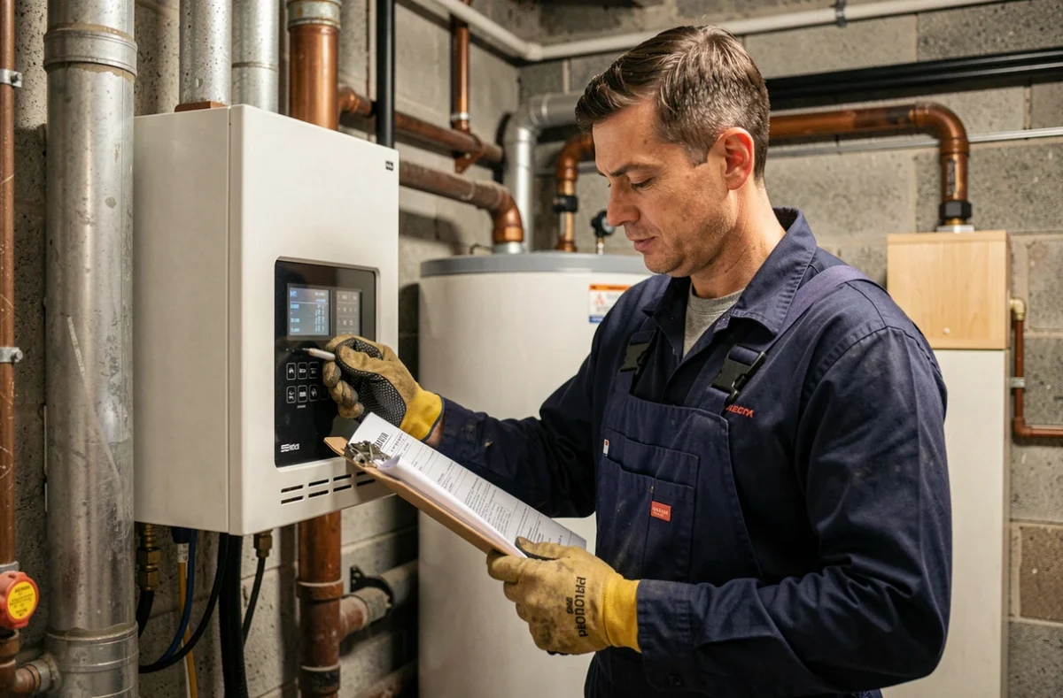 Technicien en train d'installer une pompe à chaleur Stiebel Eltron dans une chaufferie intérieure