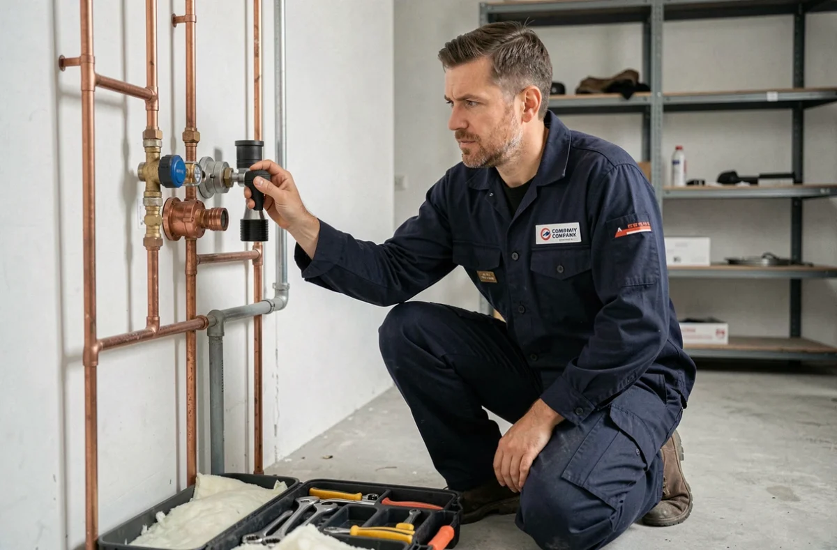 Technicien en train d'installer une pompe à chaleur dans la chaufferie d'une maison française