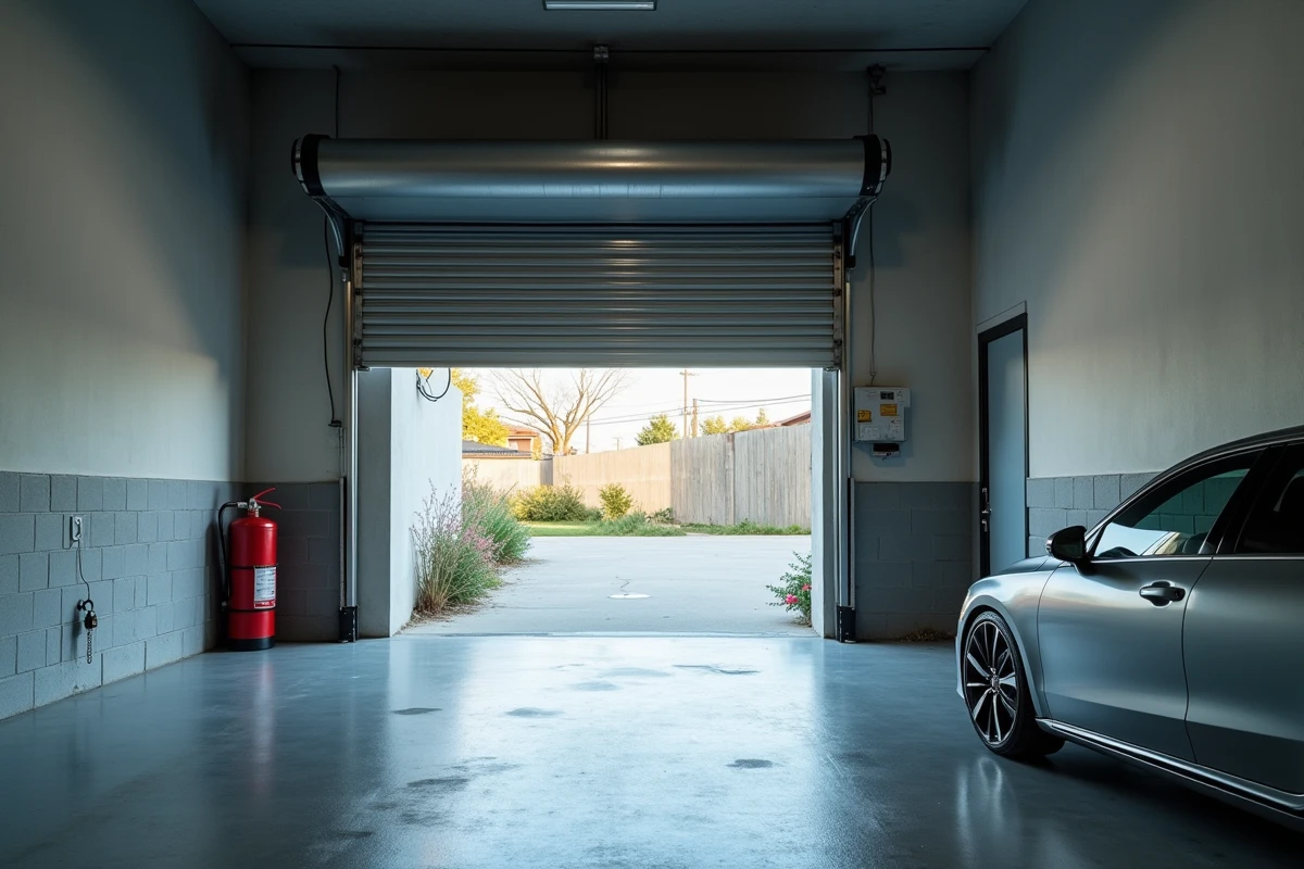 Intérieur d'un box garage indépendant avec voiture garée et porte à moitié ouverte sur une allée résidentielle