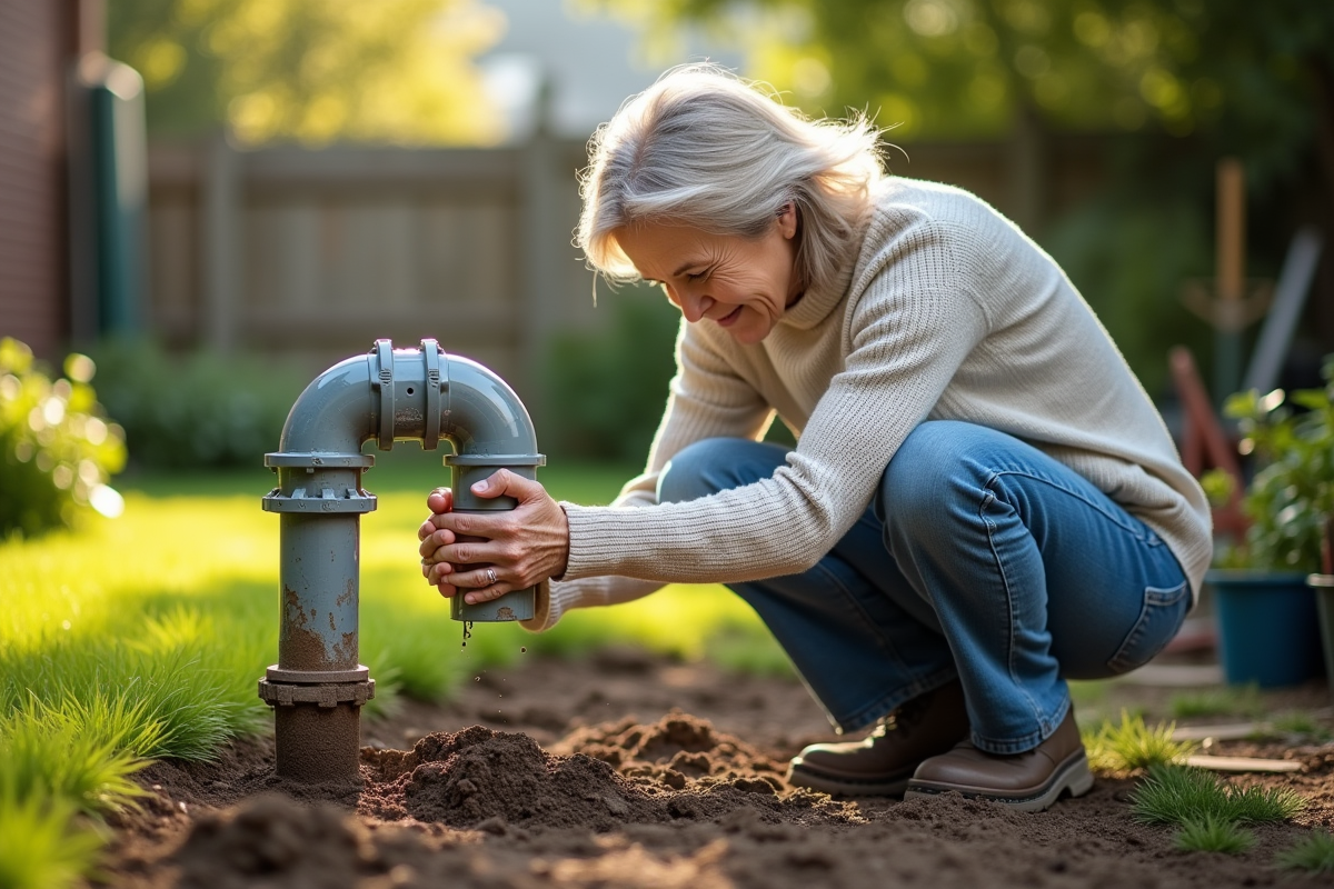 Femme retraitée examine un tuyau d