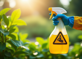 Pourquoi les désherbants puissants sont-ils interdits ? Main gantée tenant un spray avec un symbole d'avertissement dans un jardin vert