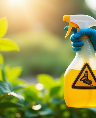 Main gantée tenant un spray avec un symbole d'avertissement dans un jardin vert