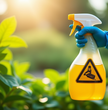 Main gantée tenant un spray avec un symbole d'avertissement dans un jardin vert
