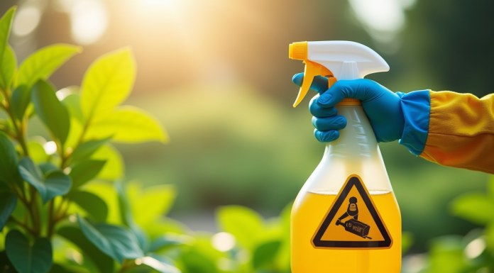 Main gantée tenant un spray avec un symbole d'avertissement dans un jardin vert