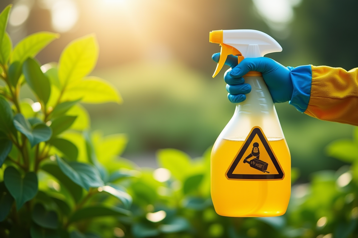 Main gantée tenant un spray avec un symbole d'avertissement dans un jardin vert