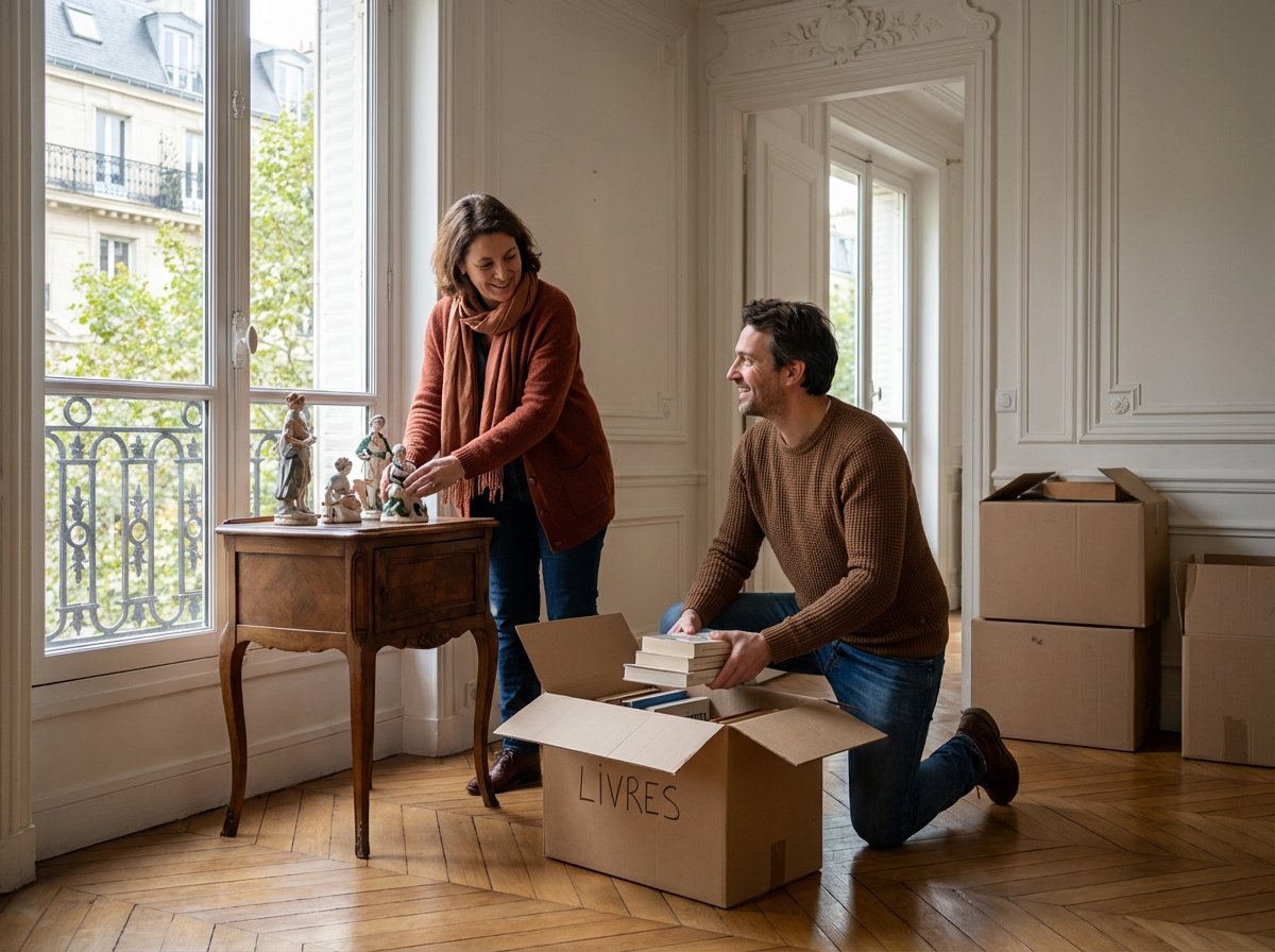 Jeune couple organisant des cartons dans un appartement parisien