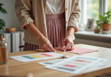 Jeune femme arrangeant des échantillons de couleurs dans un intérieur moderne