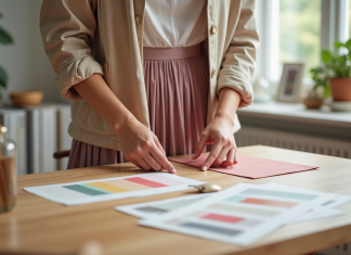 Tendances couleurs 2025 : quelles teintes privilégier ? Jeune femme arrangeant des échantillons de couleurs dans un intérieur moderne