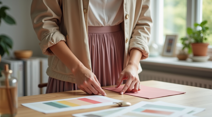 Jeune femme arrangeant des échantillons de couleurs dans un intérieur moderne