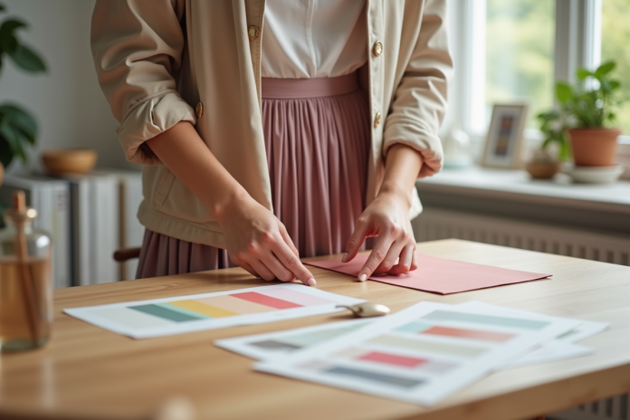 jeune-femme-atelier-couleurs Jeune femme arrangeant des échantillons de couleurs dans un intérieur moderne