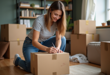 Jeune femme faisant des étiquettes sur des cartons dans un appartement