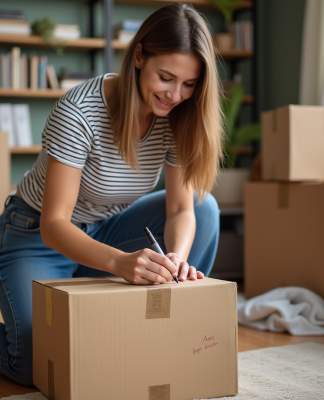 Jeune femme faisant des étiquettes sur des cartons dans un appartement