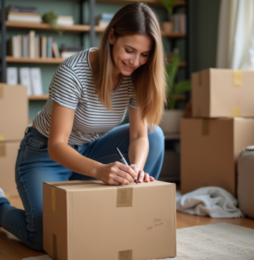 Optimiser son déménagement : comment bien organiser ses cartons pour partir sereinement ? Jeune femme faisant des étiquettes sur des cartons dans un appartement